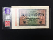 Load image into Gallery viewer, German WWII Rare 10 Rp Coin & Two Stamps with 20000 Mark Bill in Holder - Collectors Couch