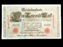 Load image into Gallery viewer, Authentic Historical 1910 Germany 1000 Mark Bank Note with RED SEAL - WWI Bill - Collectors Couch