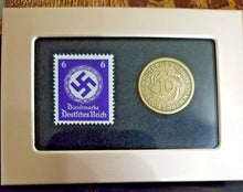 Load image into Gallery viewer, German WW2 Rare Weimar-Repu10 Rp Brass Coin & Stamp in a Secure Metal Disp Frame - Collectors Couch