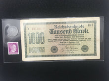 Load image into Gallery viewer, German WWII Rare 10 Rp Coin & Stamp with 1000 Mark Bill in Holder - Collectors Couch