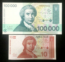Load image into Gallery viewer, CROATIA 100000 and 10 Dinara Banknote World Paper Money UNC - Collectors Bills - Collectors Couch