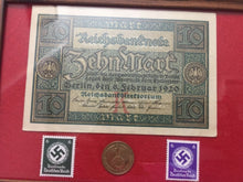 Load image into Gallery viewer, German WW2 Rare 10 Rp Coin wth Stamps & V RARE 10 Mark Bill - Collectors Couch