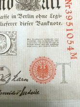 Load image into Gallery viewer, Authentic Historical 1910 Germany 1000 Mark Bank Note with RED SEAL - WWI Bill - Collectors Couch