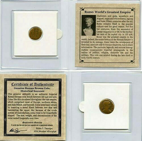 Authentic Ancient Rome Bronze Coin AD 240-410 - COA & History & Mini Album Inc.