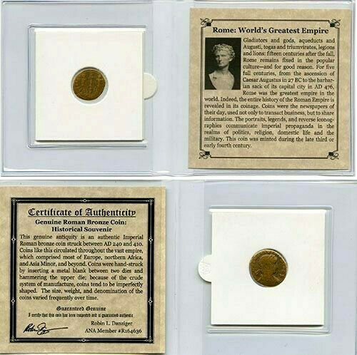 Authentic Ancient Rome Bronze Coin AD 240-410 - COA & History & Mini Album Inc. - Collectors Couch