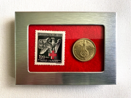 German WWII Rare 10 Rp Brass Coin & Stamp in a Secure Metal Display Frame