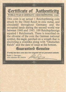 WWII Germany 1 Reichspfennig Zinc Coin COA & History & Album Included
