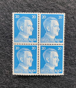Antique WWII Unused German Nazi Third Reich Hitler 4 X 20 Rp Stamps Block MNH - Collectors Couch