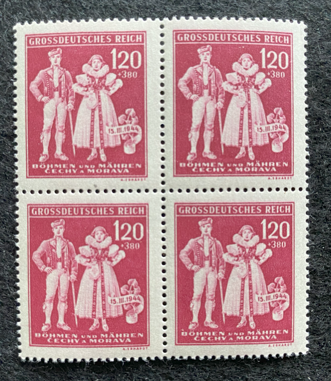 Rare Old Antique Authentic WWII Unused German Nazi Stamp King Queen Year 1944- 120 K Block Of 4 - Collectors Couch