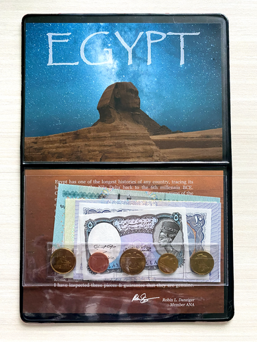 Egypt: 5 Banknotes & 5 Coins COA & History & Holder & Album