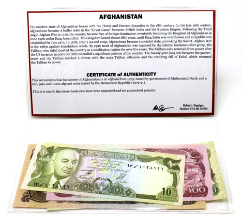 AFGHANISTAN 4 Banknotes Collection - COA & History & Folder Included - Collectors Couch