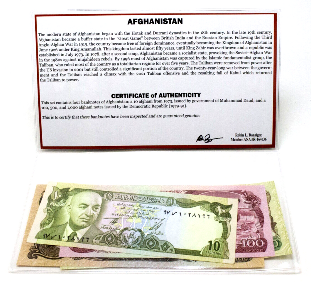AFGHANISTAN 4 Banknotes Collection - COA & History & Folder Included