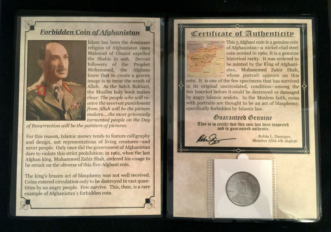 Forbidden Coin of AFGHANISTAN 5 Afghanis 1961 - COA & History & Album Included - Collectors Couch