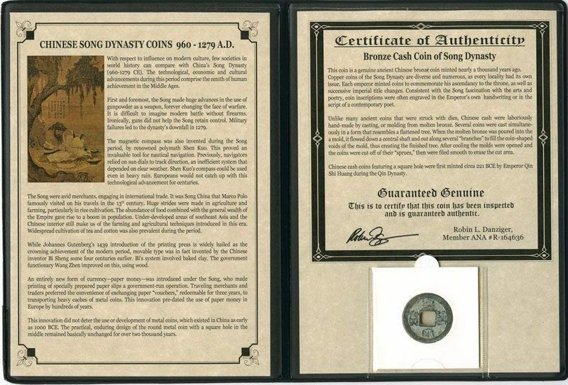 Chinese Song Dynasty Bronze Coin 960-1279 AD COA & History & Album Included