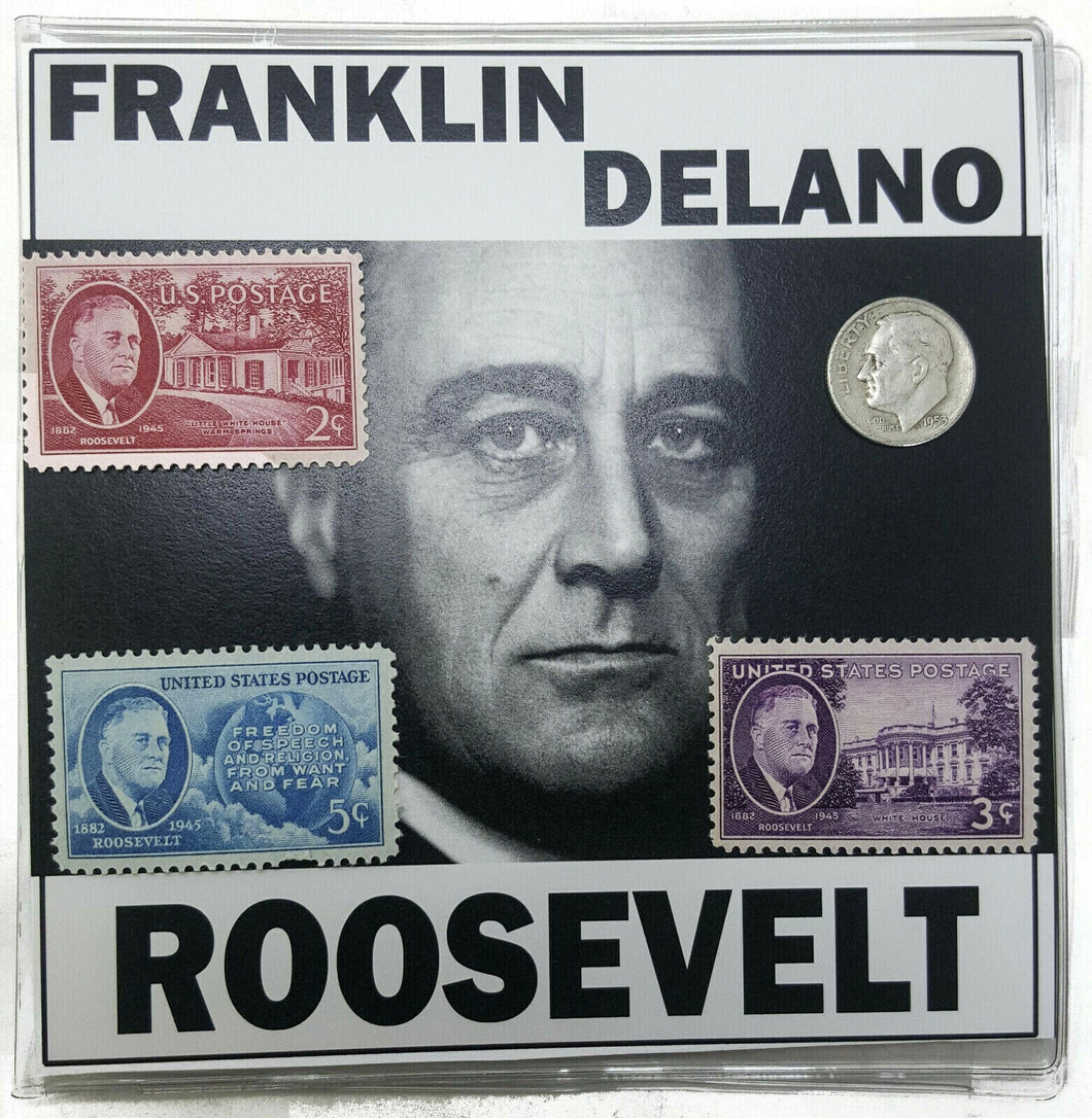 Franklin D. Roosevelt Silver Dime & Three Stamps & COA With History & Mini Album