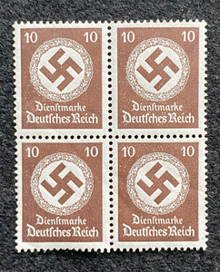 Antique WWII German Nazi Third Reich 10 Rp Stamp with SWASTIKA MNH Block of 4