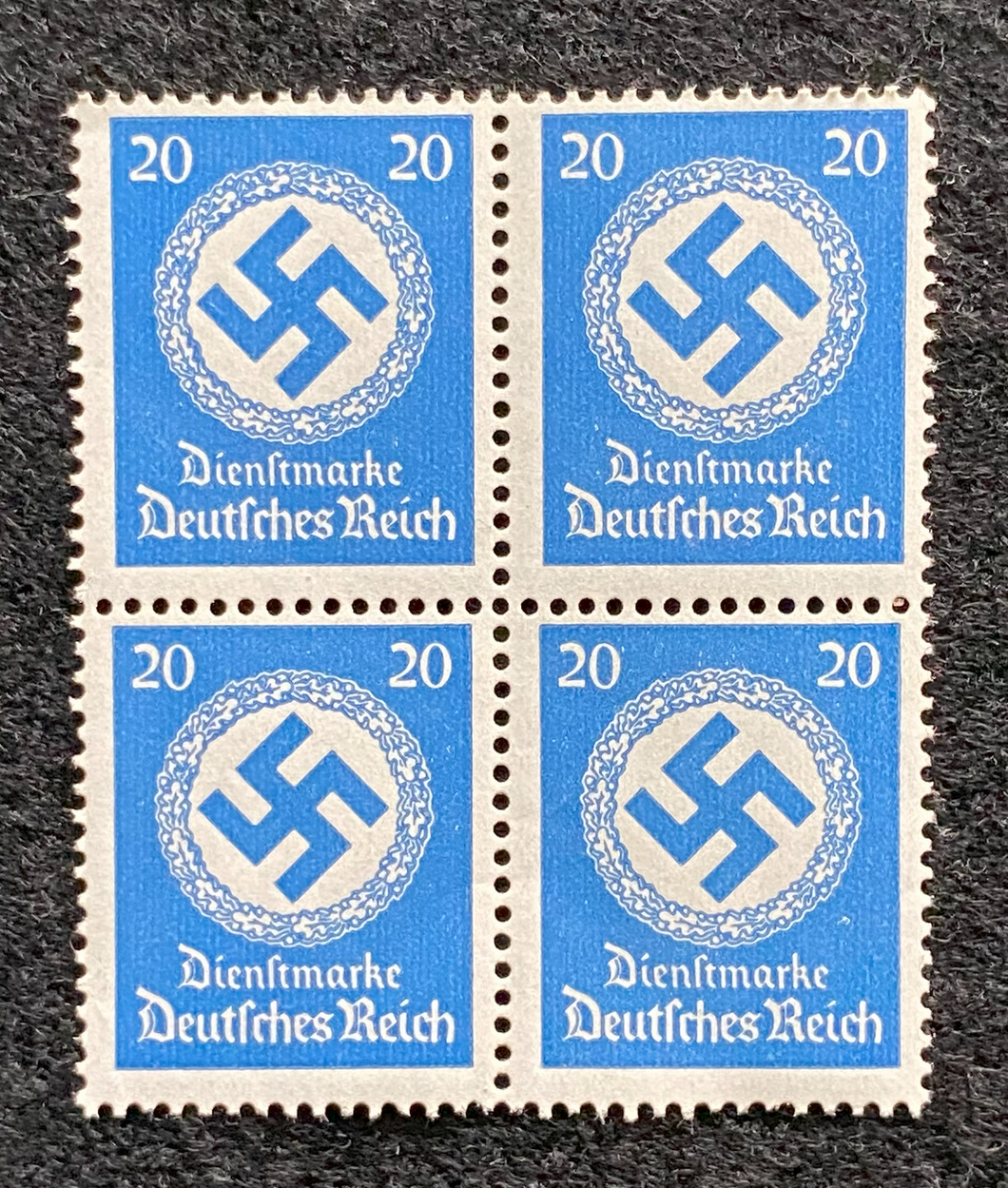 Antique WWII German Nazi Third Reich 20 Rp Stamp with SWASTIKA MNH Block of 4 - Collectors Couch