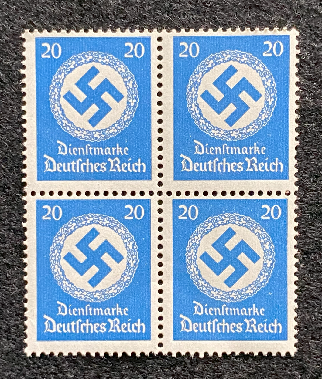 Antique WWII German Nazi Third Reich 20 Rp Stamp with SWASTIKA MNH Block of 4