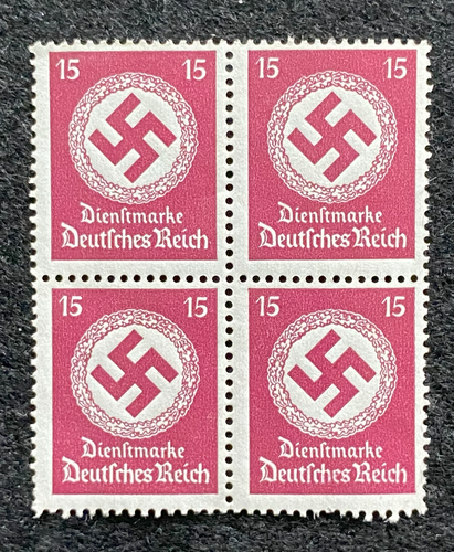 Antique WWII German Nazi Third Reich 15 Rp Stamp with SWASTIKA MNH Block of 4