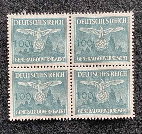 Antique German Nazi Third Reich 100GR Stamp Of Occupied Poland WWII 1940 Issue Block Of 4 - Collectors Couch