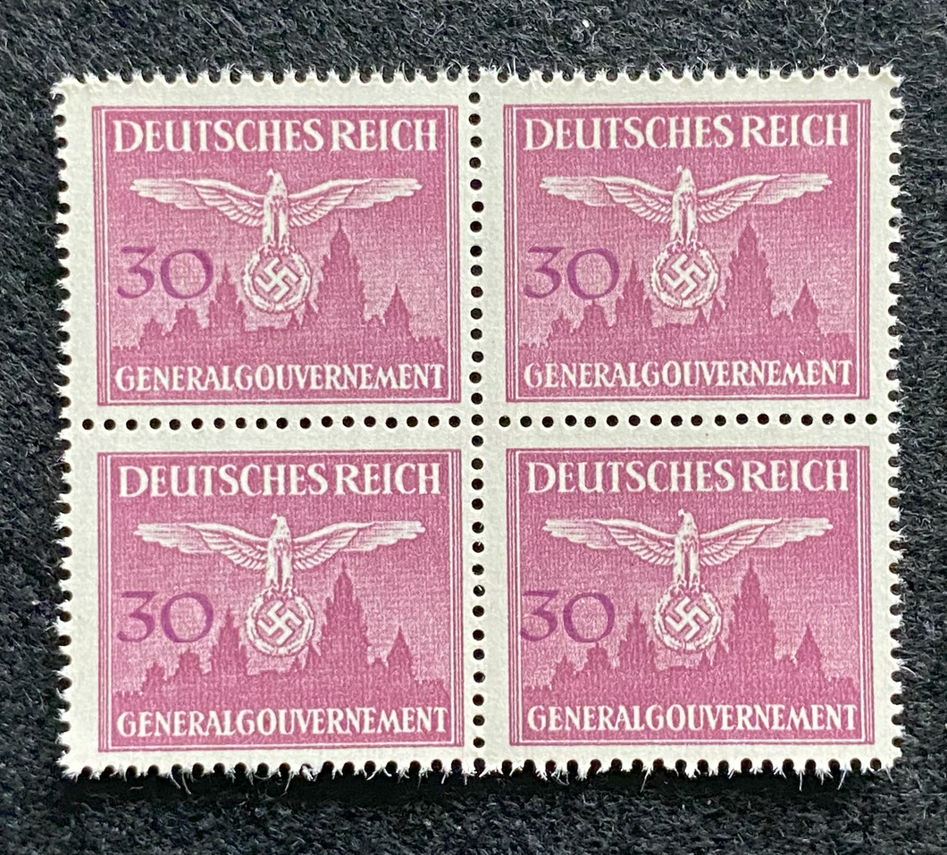 Antique German Nazi Third Reich 30GR Stamp Of Occupied Poland WWII 1940 Issue Block Of 4