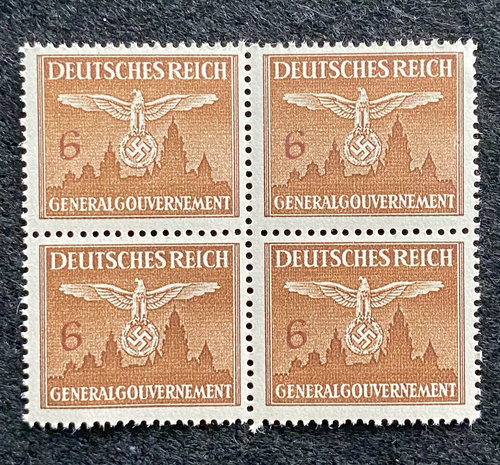 Antique German Nazi Third Reich 6GR Stamp Of Occupied Poland WWII 1940 Issue Block Of 4