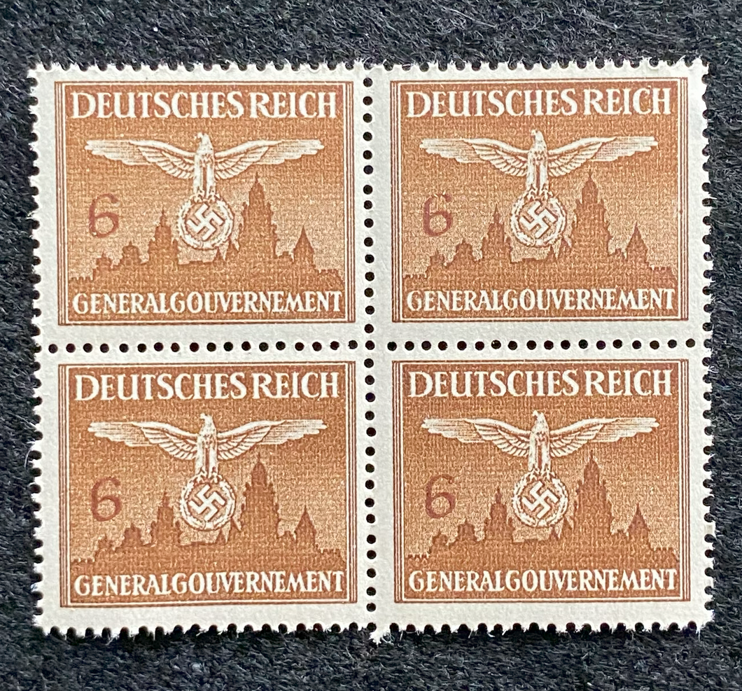Antique German Nazi Third Reich 6GR Stamp Of Occupied Poland WWII 1940 Issue Block Of 4 - Collectors Couch