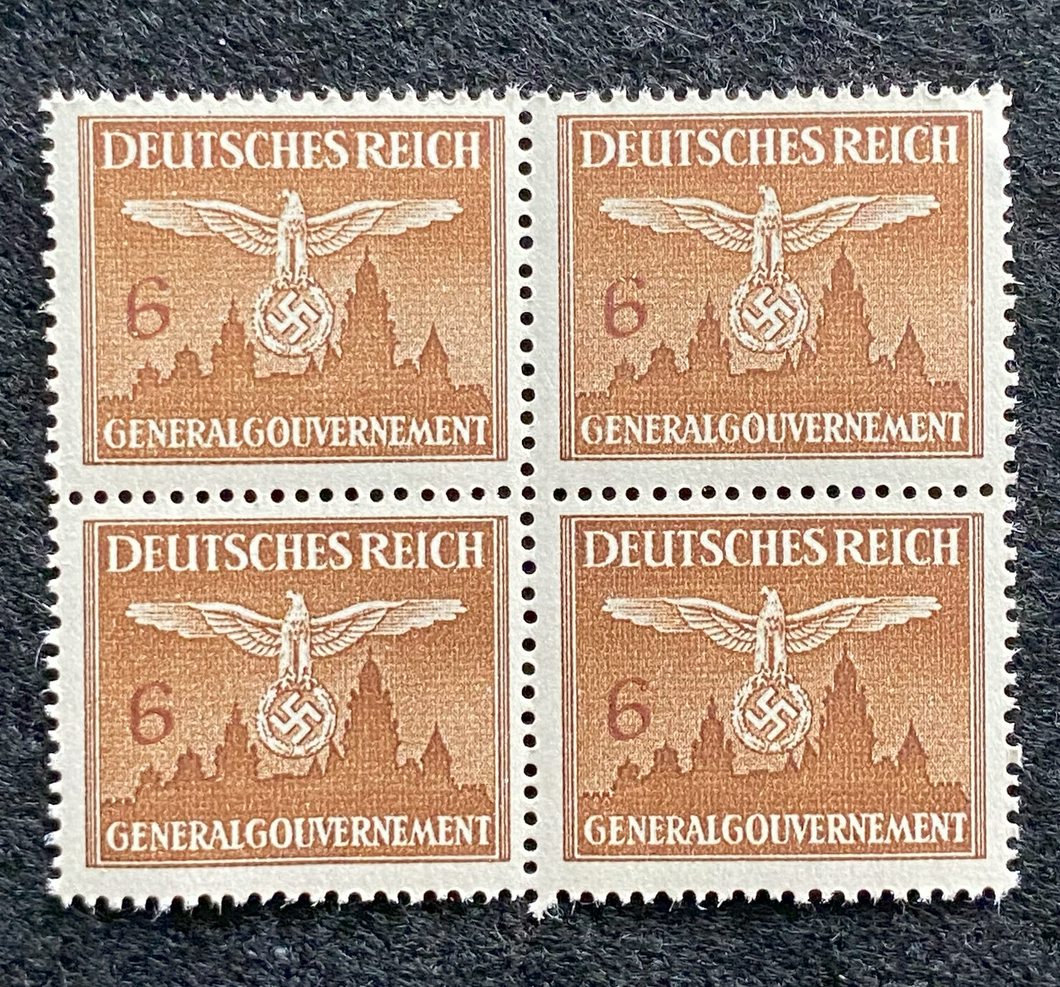 Antique German Nazi Third Reich 6GR Stamp Of Occupied Poland WWII 1940 Issue Block Of 4