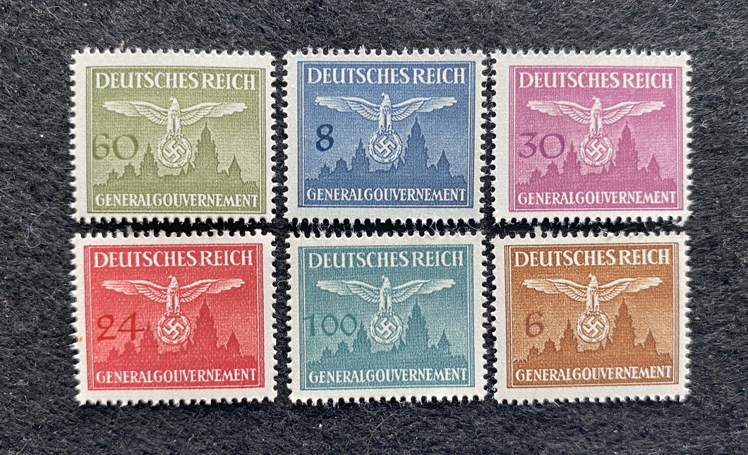Antique German Nazi Third Reich Stamps (6) Of Occupied Poland WWII 1940 Issue - Collectors Couch