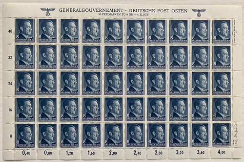 Rare German WWII Nazi Third Reich HITLER General Government DEUTSCHE POST 8 GR Stamp Sheet MNH Eagle & SWASTIKA Header Designer Signature at Bottom Right - Collectors Couch
