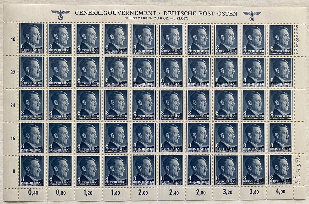 Rare German WWII Nazi Third Reich HITLER General Government DEUTSCHE POST 8 GR Stamp Sheet MNH Eagle & SWASTIKA Header Designer Signature at Bottom Right - Collectors Couch