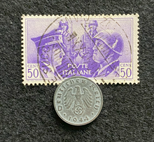 Load image into Gallery viewer, WW2 German 1 Reichspfennig Coin  &amp; Rare HITLER &amp; MUSSOLINI Used Stamp Historical Artifacts - Collectors Couch