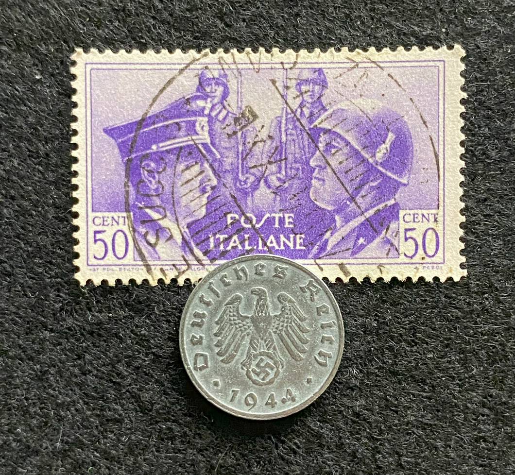 WW2 German 1 Reichspfennig Coin  & Rare HITLER & MUSSOLINI Used Stamp Historical Artifacts - Collectors Couch