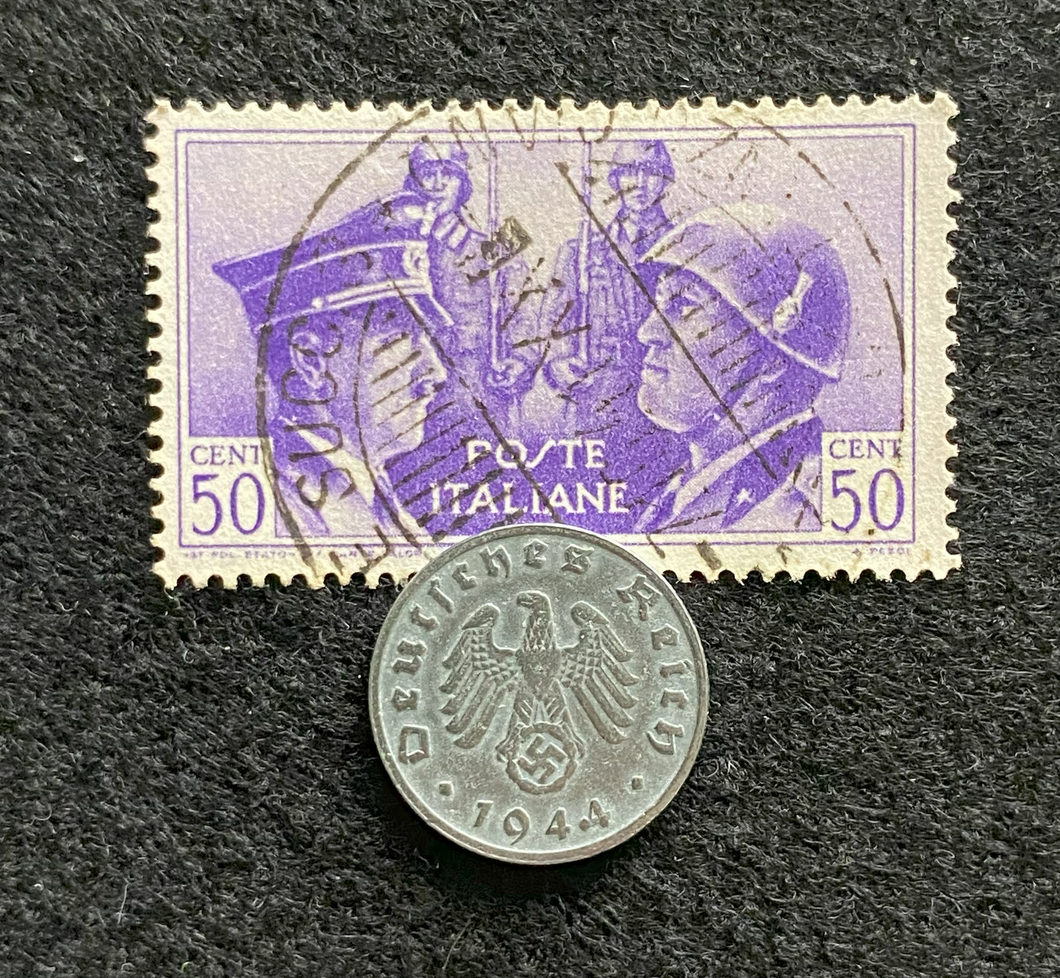 WW2 German 1 Reichspfennig Coin  & Rare HITLER & MUSSOLINI Used Stamp Historical Artifacts