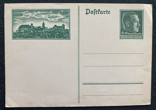 Very Rare WWII Nazi Germany 1938 unused Historical Postcard With Hitler Stamp - Propaganda Card Showing Skyline of Nuremberg, the Nazi Party Congress City.