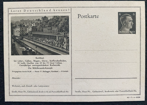 Very Rare WWII Nazi Germany 1938 unused Historical Postcard Hitler Stamp & KARLSBAD Muhlbrunn Colonnade