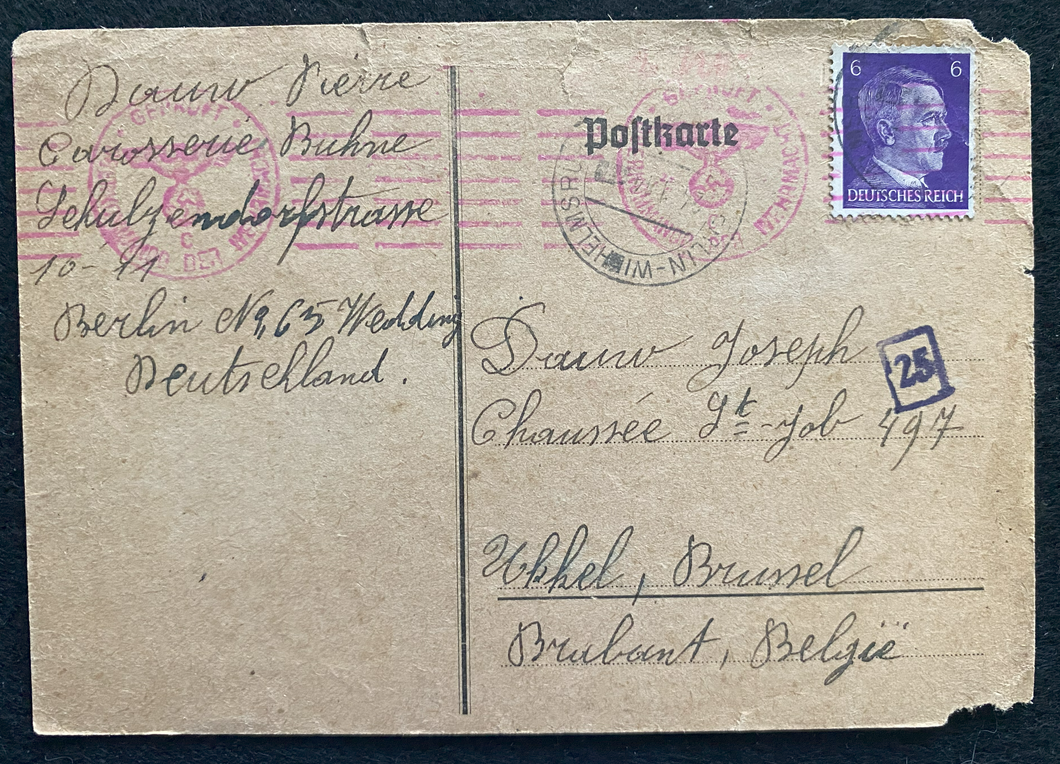 Very Rare WWII Nazi Germany 1944 Used Historical Postcard Hitler Stamp & Postal Mark With Eagle & SWASTIKA