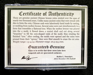 China 5 Dynasties Twenty Centuries of Cash Coins COA & History & Clear Case Inc