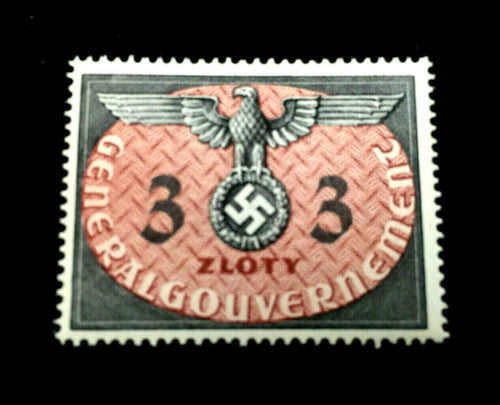 Antique Authentic WWII German Nazi Eagle with SWASTIKA Unused Stamp - 3 Zloty  Polish Occupation Third Reich