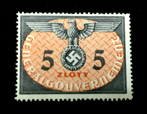 Antique Authentic WWII German Nazi Eagle with SWASTIKA Unused Stamp - 5 Zloty  Polish Occupation Third Reich