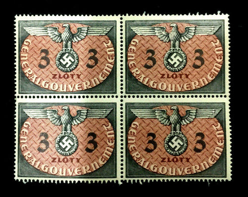 Antique Authentic WWII German Nazi Eagle with SWASTIKA Unused  4 Stamps Block - 3 Zloty  Polish Occupation Third Reich