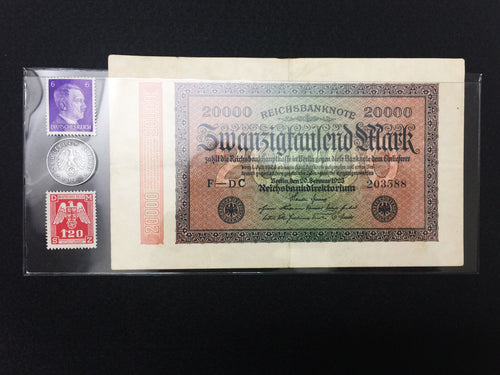 German WWII Rare 10 Rp Coin & Two Stamps with 20000 Mark Bill in Holder - Collectors Couch