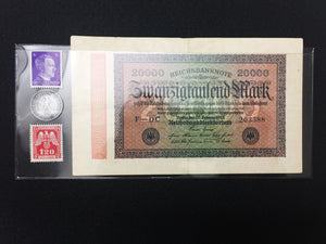 German WWII Rare 10 Rp Coin & Two Stamps with 20000 Mark Bill in Holder