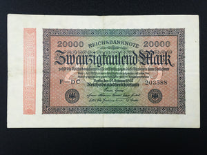 German WWII Rare 10 Rp Coin & Two Stamps with 20000 Mark Bill in Holder - Collectors Couch