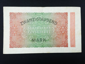 German WWII Rare 10 Rp Coin & Two Stamps with 20000 Mark Bill in Holder