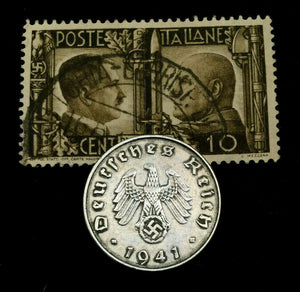 WW2 German 10 Reichspfennig Coin &  Rare HITLER & MUSSOLINI Used Stamp Historical Artifacts - Collectors Couch