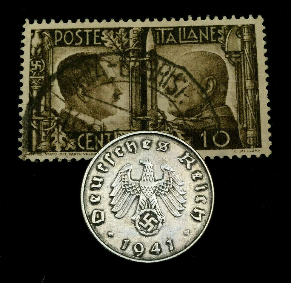 WW2 German 10 Reichspfennig Coin &  Rare HITLER & MUSSOLINI Used Stamp Historical Artifacts