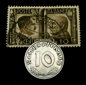 WW2 German 10 Reichspfennig Coin &  Rare HITLER & MUSSOLINI Used Stamp Historical Artifacts