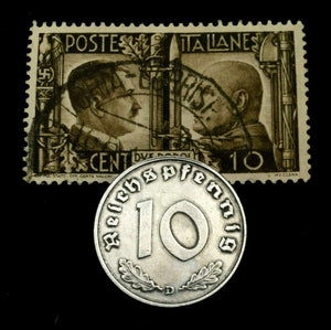WW2 German 10 Reichspfennig Coin &  Rare HITLER & MUSSOLINI Used Stamp Historical Artifacts - Collectors Couch