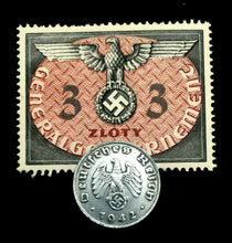 Load image into Gallery viewer, Rare Nazi Third Reich 1 Reichspfennig Coin with Swastika &amp; Rare Uncirculated 3 Zloty Stamp - WWII Artifacts